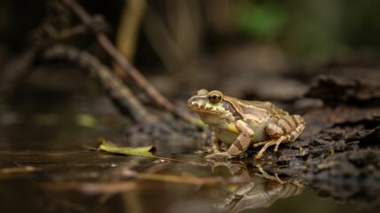 Fototapeta premium A frog sits on the edge of a shrinking dirty pond, with noticeably dry skin and slow breathing, and debris floating nearby, indicating pollution of its habitat.