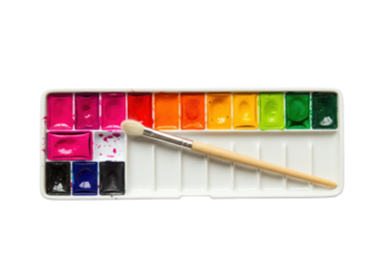 Isolated artist watercolor paints in a palette with a paintbrush for painting artwork stock