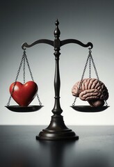 Balance scale weighing a heart and a brain, symbol of balance between emotion and logic