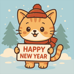 Happy New Year Greeting Card with Cute Cat Illustration - Flat Vector Logo Design
