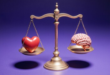 Balance scale weighing a heart and a brain, symbol of balance between emotion and logic