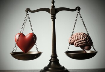 Balance scale weighing a heart and a brain, symbol of balance between emotion and logic