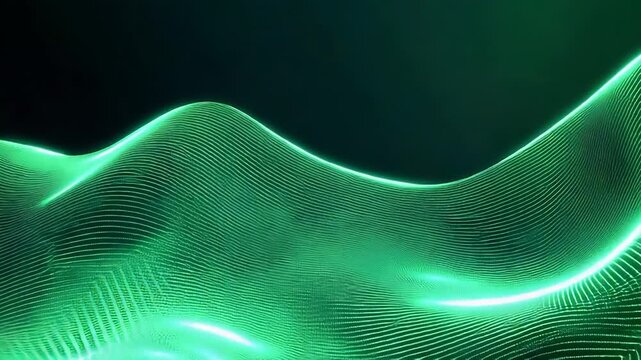 Green glowing wireframe waves forming abstract digital landscape