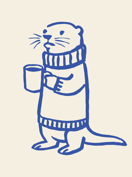 Otter with mug in sweater, hand-drawn sketch vector illustration