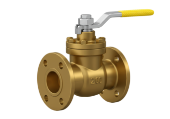 Isolated golden ball valve with a yellow handle for industrial pipelines applications