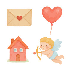 Cute Valentines Day vector set with cupid, heart balloon, house and love letter. AI Generative.