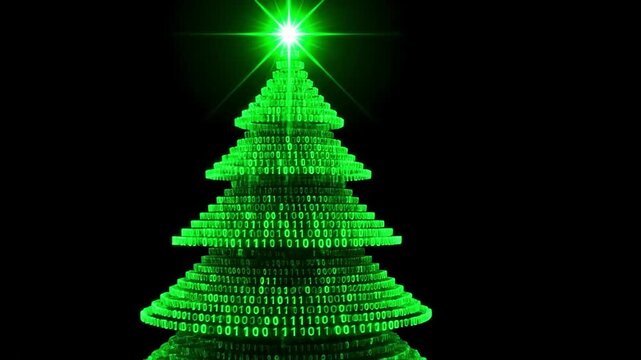 Digital christmas tree made of glowing green binary code characters. Artificial intelligence and computer technology holiday concept.