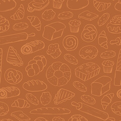 Bread doodles seamless pattern on brown background for prints, wallpaper, wrapping paper, scrapbooking, product packaging, kitchenware, etc. EPS 10
