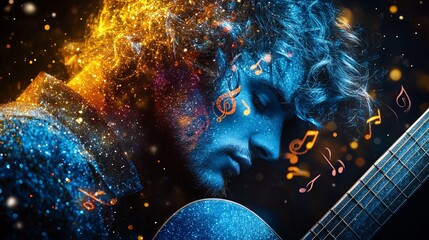 Obraz premium Musician with textured blue skin holds guitar, surrounded by floating orange music notes and sparkling particles in a dark setting.