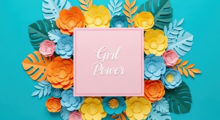 Colorful paper flowers surround a message celebrating girl power in a vibrant design perfect for empowerment events