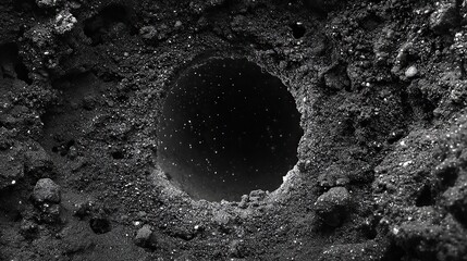 Deep hole in dark grey lunar surface, revealing starry space beyond, monochrome