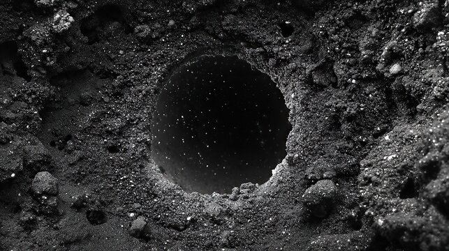 Deep hole in dark grey lunar surface, revealing starry space beyond, monochrome