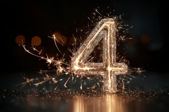 Sparkling Number Four with Fireworks and Bokeh Background Effects