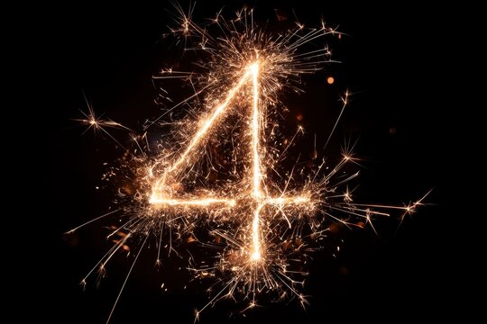 Sparkler Number Four in Bright Fireworks Display on Black Background