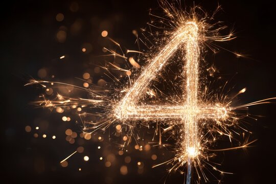 Sparkler Number Four with Glowing Sparks on Dark Background