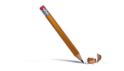 An angled yellow pencil with a red eraser and some pencil shavings on a white surface