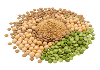 Isolated pile of dry peas, green split peas, yellow peas, brown lentils, lentil flour mix