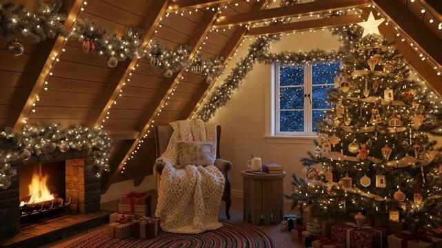 Cozy Christmas attic room with decorated tree fireplace string lights and armchair creating warm festive atmosphere in wooden cabin interior for holiday season celebration


