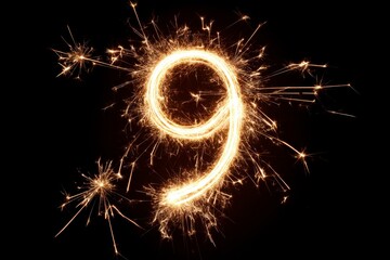 Creative Sparkler Number Nine on Black Background for Celebrations