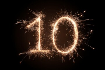 Sparkling Celebration Number Ten in Glowing Lights on Black Background