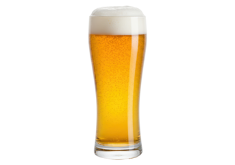 Isolated glass of refreshing beer filled to the top with thick white foam, ready to drink