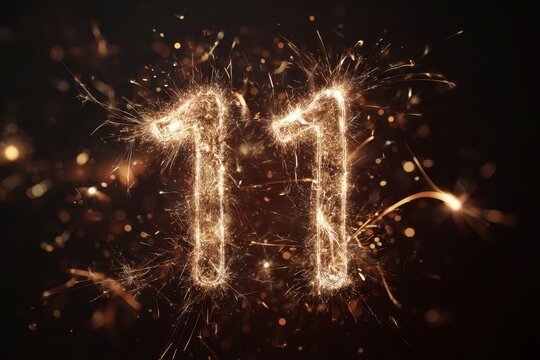 Sparkling Number Eleven with Fireworks on Black Background
