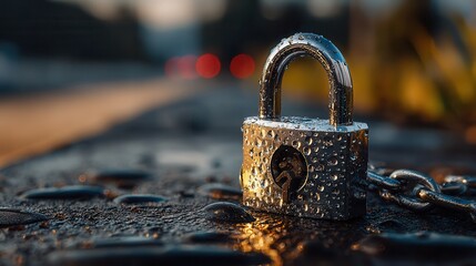 Secure your assets with this gleaming, water-drenched padlock and sturdy chain, symbolizing ultimate protection and resilience against the elements.