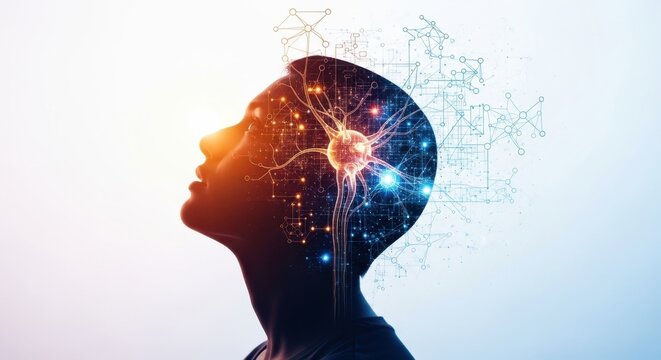 Creative representation of human mind with neural connections and digital elements showcasing innovation and thought process