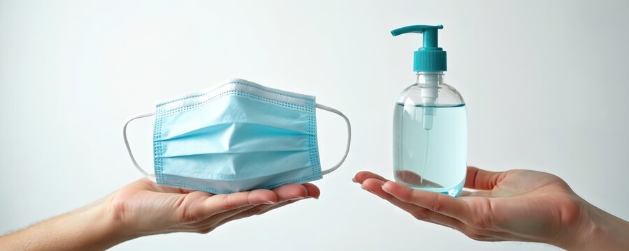 Hands hold medical face mask, hand sanitizer. Protection from viruses, germs, bacteria. Health concept with hygiene product, coronavirus covid-19 prevention. Healthcare items on palms, safety from