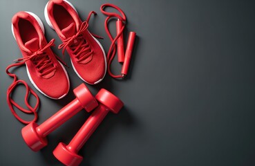 Top view of red sport equipment on gray background. Red sneakers dumbbells and jump rope lie on the surface. Sport activity fitness and training concept.