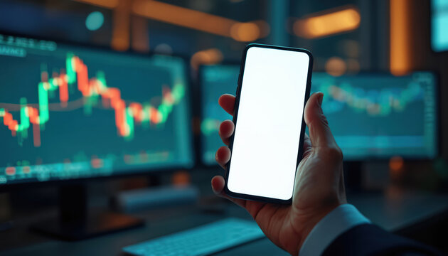 Person holds modern smartphone with blank screen. Computers show financial trading charts, stock market data graphs. Businessman monitors investment progress, analyzes digital trends. Nighttime