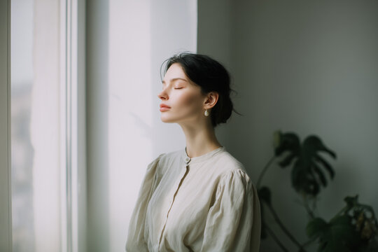 Serene young woman bathed in soft window light, eyes closed in peaceful meditation &mdash; a minimalist portrait of calm, elegance and mindful stillness