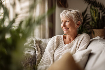Smiling mature woman relaxing on a cozy couch at home in a warm sweater, surrounded by plants and soft sunlight — peaceful lifestyle and contentment