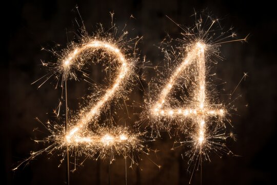 Sparkling Number Two Four Created with Sparkler Fireworks at Night