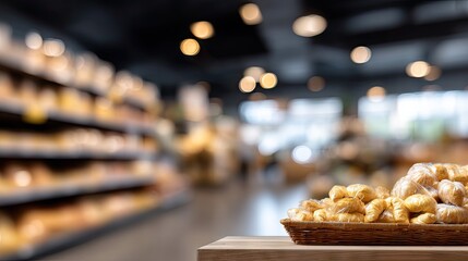 Shelves filled with a variety of products in a supermarket with blurred foreground showcasing fresh baked goods for customers shopping for groceries