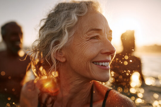 Sun-kissed smile: joyful senior woman laughing during golden-hour beach swim with friends, water droplets sparkling and carefree summer lifestyle at sunset - Powered by Adobe