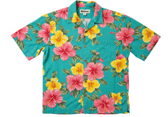 Isolated short-sleeved hibiscus shirt, beach floral top, tropical garment, summer casual apparel © Claudia