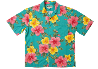 Isolated short-sleeved hibiscus shirt, beach floral top, tropical garment, summer casual apparel