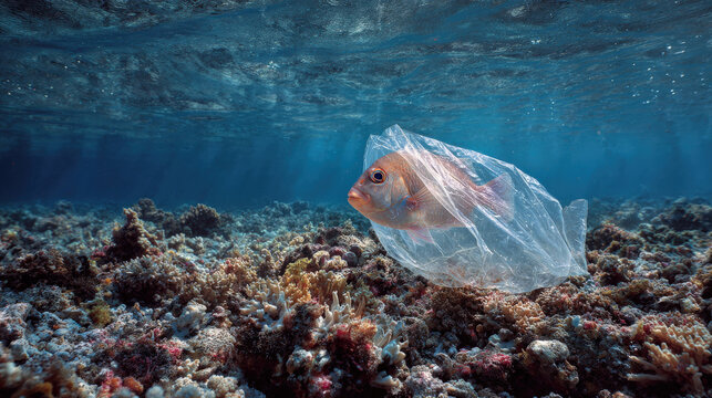 Fish trapped inside plastic bag in ocean coral on seabed, plastic pollution contamination concept