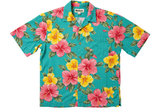 Isolated short-sleeved hibiscus shirt, beach floral top, tropical garment, summer casual apparel