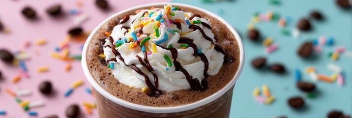 A tempting chocolate beverage topped with whipped cream and colorful sprinkles, set against a vibrant background of pink and blue.