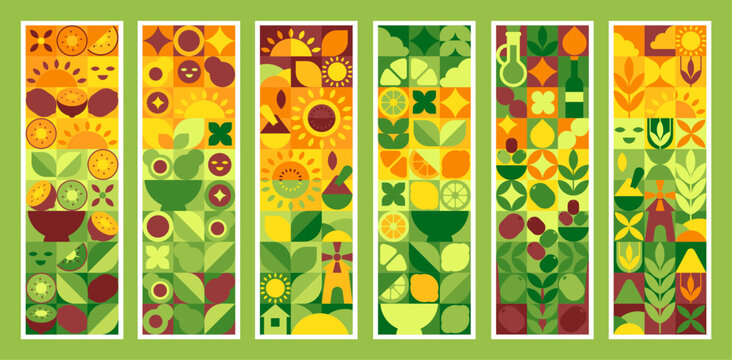 Organic food geometric set. Mosaic Fruits, vegetables, leaves, oil, and eco banners. Block patterns
