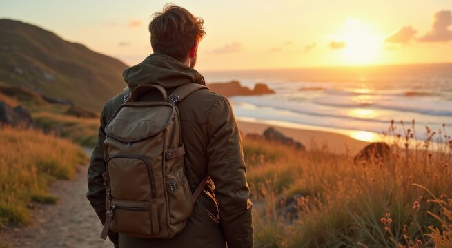 Man with backpack looking out at the ocean at sunset