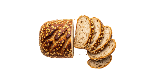 Sliced seeded loaf of bread isolated on transparent background