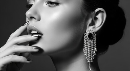 Obraz premium Elegant woman showcasing sparkling jewelry in a fashion studio setting under soft lighting