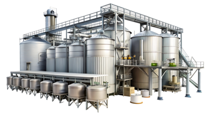 Large industrial complex with multiple silver silos and processing machinery isolated on a transparent background