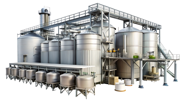 Large industrial complex with multiple silver silos and processing machinery isolated on a transparent background
