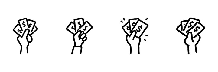 Hand Holding Money Line Icon Set In Doodle Style. Financial Transactions, Cash Handling, And Wealth Representation Outline Sketch Collection. Hand Drawn Isolated Vector Illustration