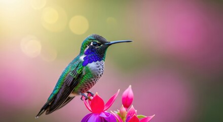 Obraz premium Colorful hummingbird perched on vibrant flowers in a sunny garden setting