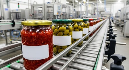 Bottled food products on an industrial conveyor belt production line